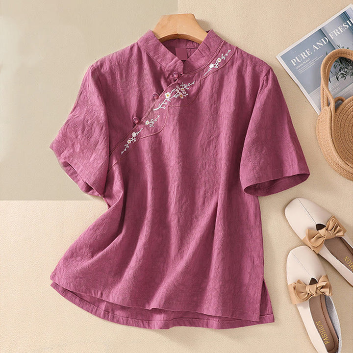 Camisa de lino y algodón de manga corta con botones de rana y bordado de flor de ciruelo con Buddha Stones - Rojo violeta pálido - 2XL(Equivalente a tallas US8-10; UK/AU12-14; EU 40-42) - image 33