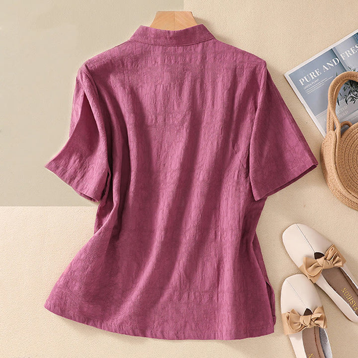 Camisa de lino y algodón de manga corta con botones de rana y bordado de flor de ciruelo con Buddha Stones - image 34