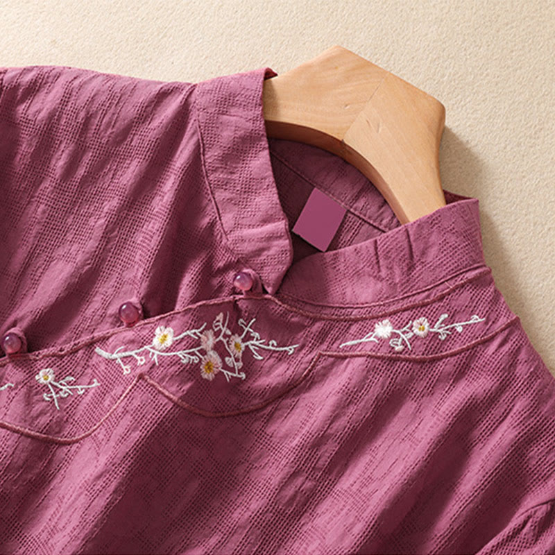 Camisa de lino y algodón de manga corta con botones de rana y bordado de flor de ciruelo con Buddha Stones - image 35