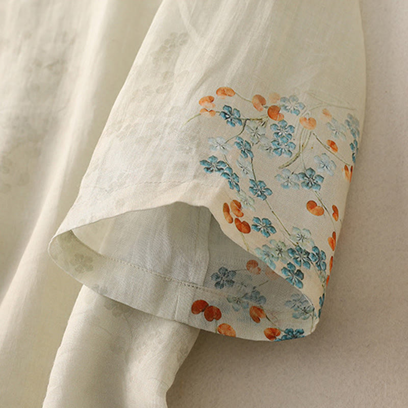 Camisa de lino y algodón con botones de rana y flores azules , Buddha Stones, hojas naranjas - image 10