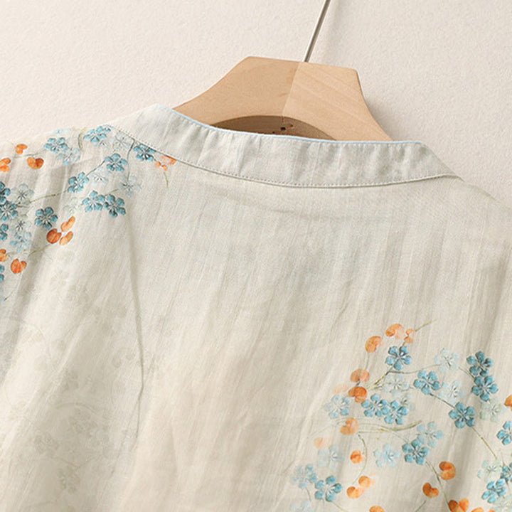 Camisa de lino y algodón con botones de rana y flores azules , Buddha Stones, hojas naranjas - image 5