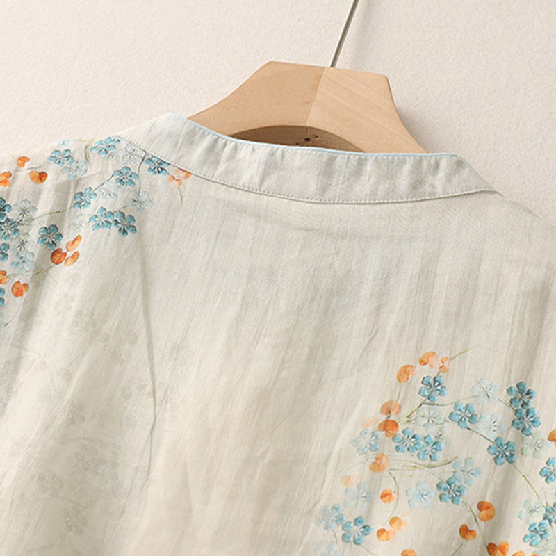 Camisa de lino y algodón con botones de rana y flores azules , Buddha Stones, hojas naranjas - image 4