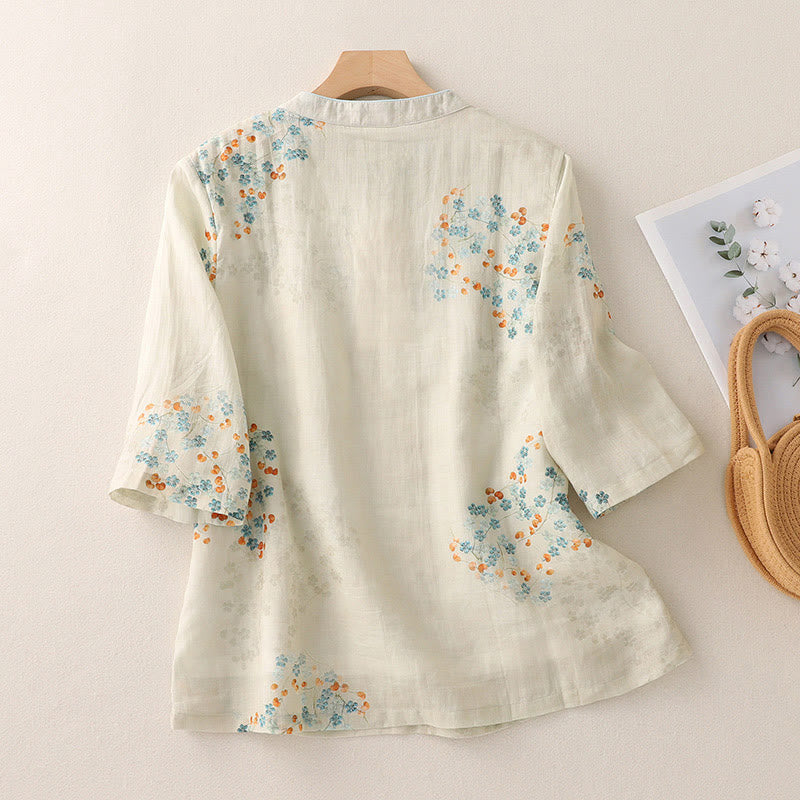 Camisa de lino y algodón con botones de rana y flores azules , Buddha Stones, hojas naranjas - image 2