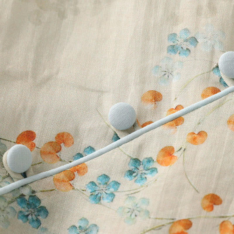 Camisa de lino y algodón con botones de rana y flores azules , Buddha Stones, hojas naranjas - image 7