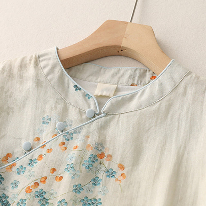 Camisa de lino y algodón con botones de rana y flores azules , Buddha Stones, hojas naranjas - image 3