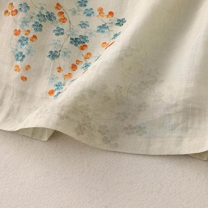 Camisa de lino y algodón con botones de rana y flores azules , Buddha Stones, hojas naranjas - image 8