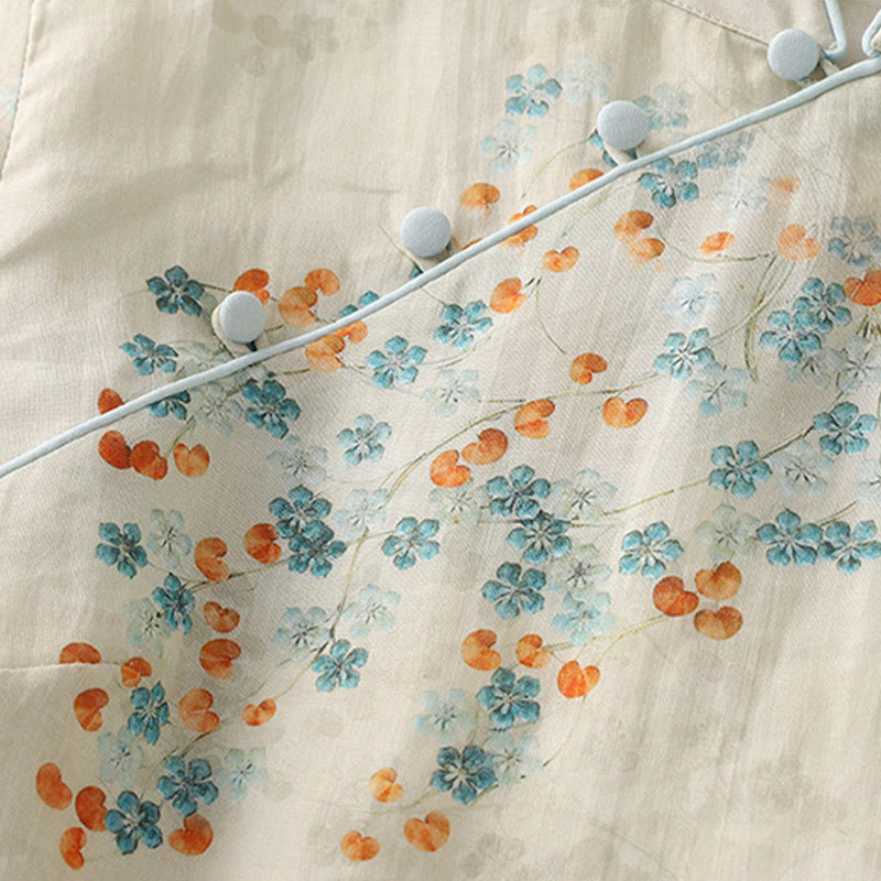 Camisa de manga tres cuartos con botones de rana, flores azules y Buddha Stones, con estampado de hojas naranjas y diseño de piedras de Buda. - image 5