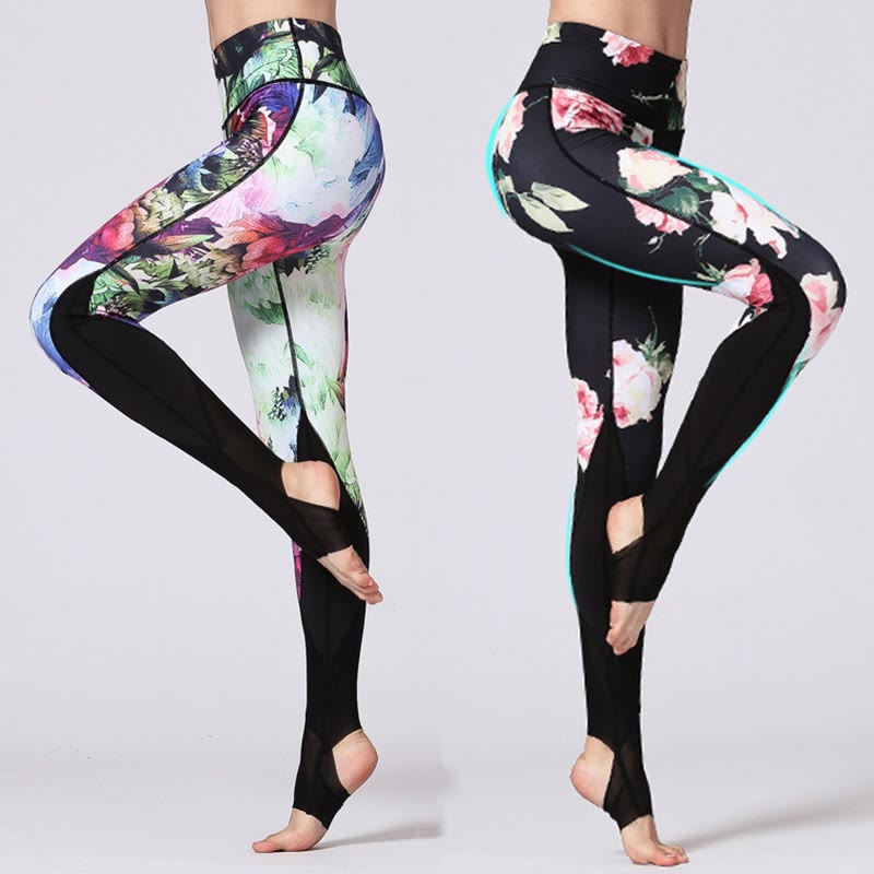 Leggings deportivos de yoga con estampado de flores de peonía rosa y Buddha Stones para mujer - image 1