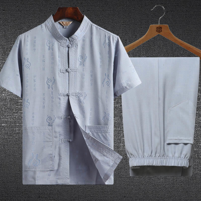 Buddha Stones 2 piezas botón de rana Fu personaje dragón hoja de bambú camisa de manga corta pantalones conjunto de hombres - Azul claro - Personaje Fu - US/UK/AU46，EU56 (4XL) - image 0