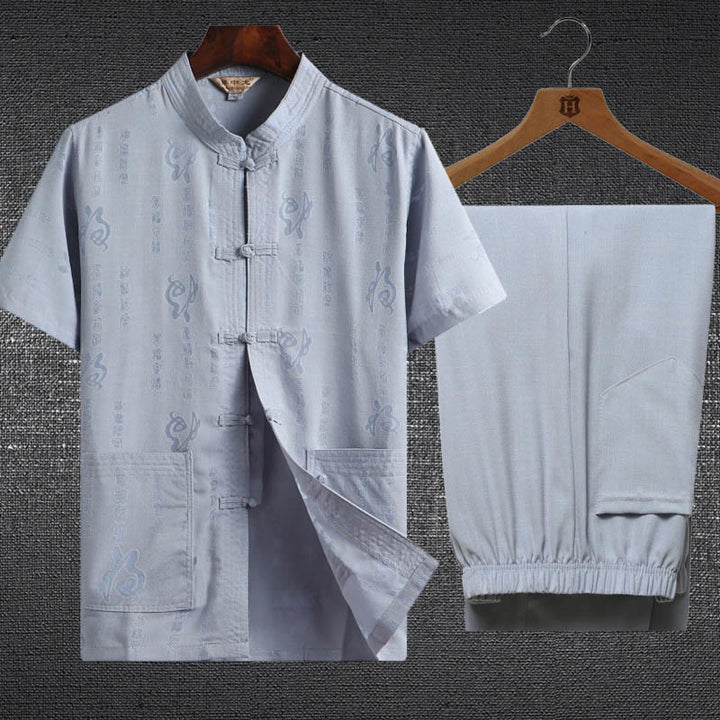 Buddha Stones 2 piezas botón de rana Fu personaje dragón hoja de bambú camisa de manga corta pantalones conjunto de hombres