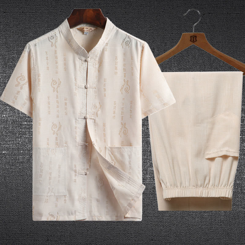Buddha Stones 2 piezas botón de rana Fu personaje dragón hoja de bambú camisa de manga corta pantalones conjunto de hombres