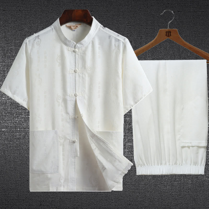 Buddha Stones 2 piezas botón de rana Fu personaje dragón hoja de bambú camisa de manga corta pantalones conjunto de hombres