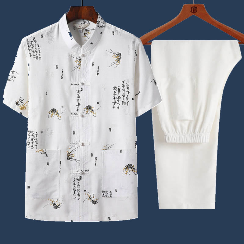 Buddha Stones 2 piezas botón de rana Fu personaje dragón hoja de bambú camisa de manga corta pantalones conjunto de hombres