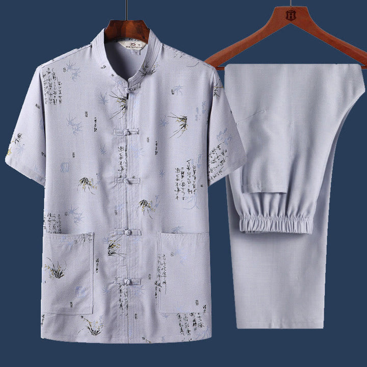 Buddha Stones 2 piezas botón de rana Fu personaje dragón hoja de bambú camisa de manga corta pantalones conjunto de hombres