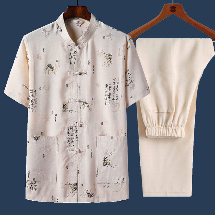 Buddha Stones 2 piezas botón de rana Fu personaje dragón hoja de bambú camisa de manga corta pantalones conjunto de hombres