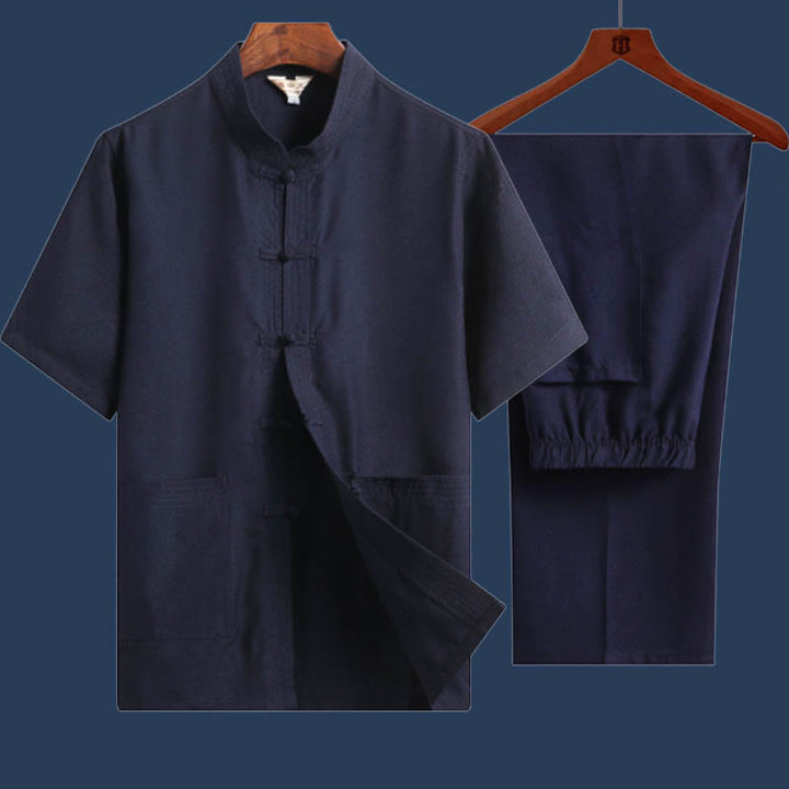 Buddha Stones 2 piezas botón de rana Fu personaje dragón hoja de bambú camisa de manga corta pantalones conjunto de hombres