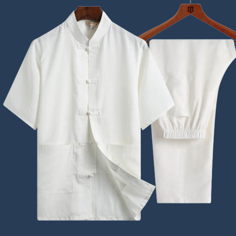 Buddha Stones 2 piezas botón de rana Fu personaje dragón hoja de bambú camisa de manga corta pantalones conjunto de hombres