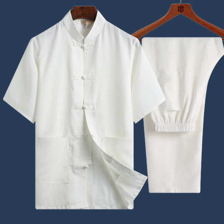 Buddha Stones 2 piezas botón de rana Fu personaje dragón hoja de bambú camisa de manga corta pantalones conjunto de hombres