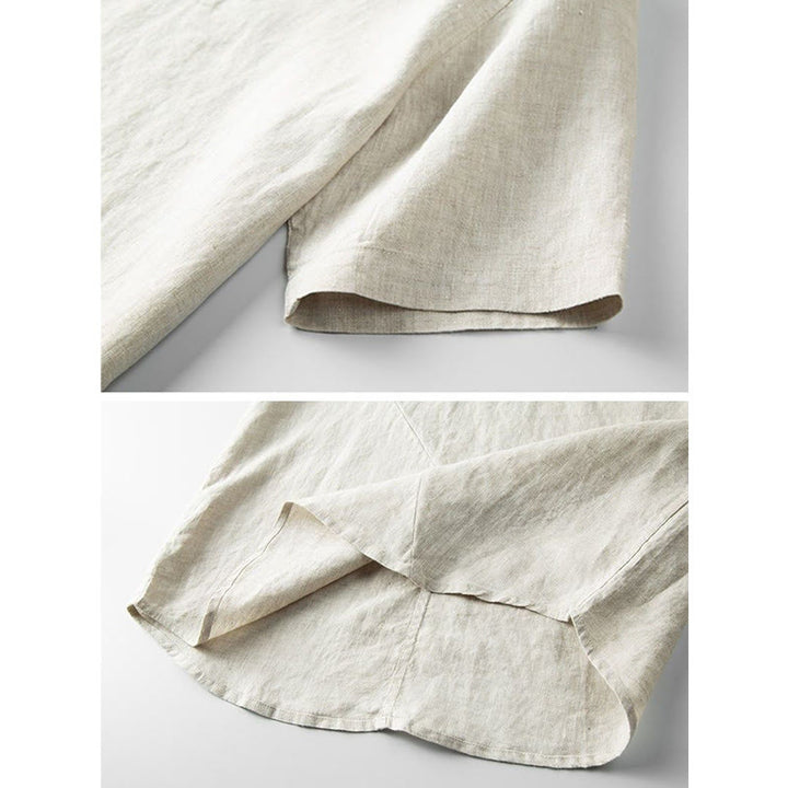 Buddha Stones Camisa de lino y algodón de manga corta con botones de color sólido para hombre de verano - image 5