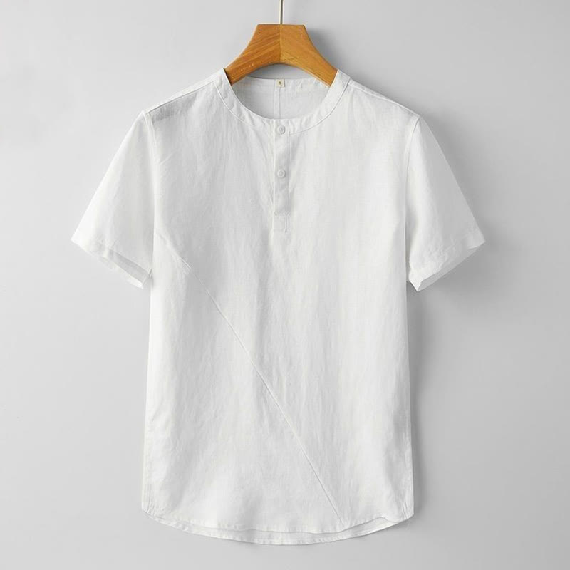 Buddha Stones Camisa de lino y algodón de manga corta con botones de color sólido para hombre de verano - Blanco - US/UK/AU48, UE58 (4XL) - image 6