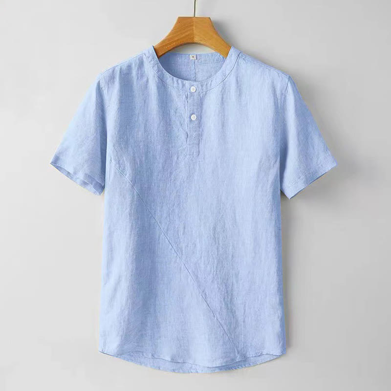 Buddha Stones Camisa de lino y algodón de manga corta con botones de color sólido para hombre de verano - Azul cielo claro - US/UK/AU48, UE58 (4XL) - image 9