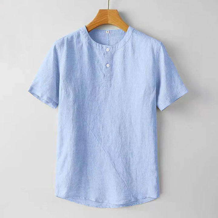 Buddha Stones Camisa de lino y algodón de manga corta con botones de color sólido para hombre de verano - Azul cielo claro - US/UK/AU48, UE58 (4XL) - image 9