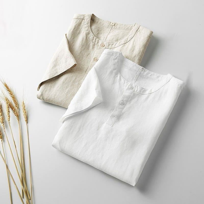 Buddha Stones Camisa de lino y algodón de manga corta con botones de color sólido para hombre de verano - image 2