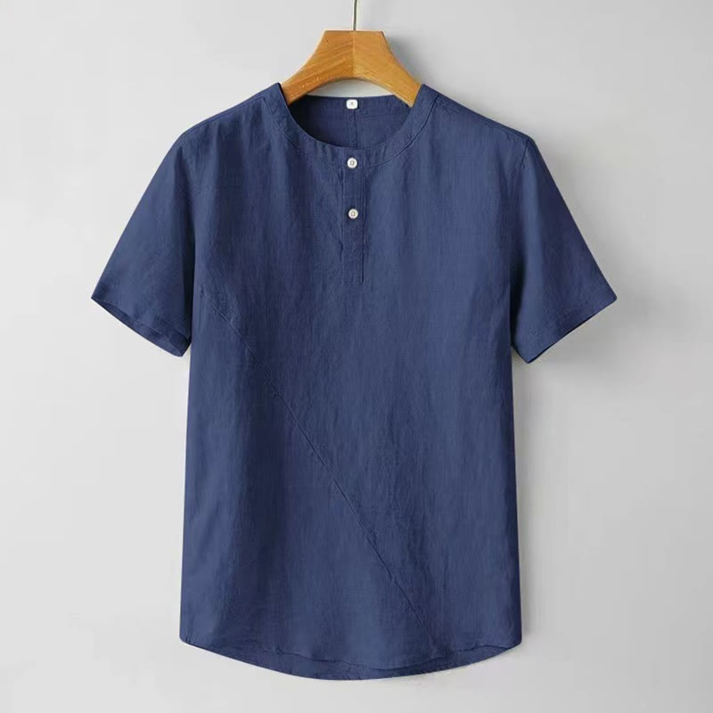 Buddha Stones Camisa de lino y algodón de manga corta con botones de color sólido para hombre de verano - Azul acero - US/UK/AU48, UE58 (4XL) - image 11