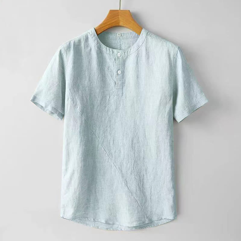 Buddha Stones Camisa de lino y algodón de manga corta con botones de color sólido para hombre de verano - Azul polvoriento - US/UK/AU48, UE58 (4XL) - image 10