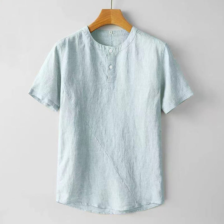 Buddha Stones Camisa de lino y algodón de manga corta con botones de color sólido para hombre de verano - Azul polvoriento - US/UK/AU48, UE58 (4XL) - image 10