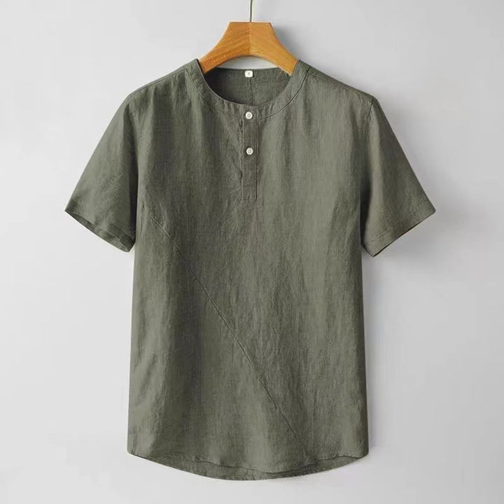 Buddha Stones Camisa de lino y algodón de manga corta con botones de color sólido para hombre de verano - Verde mar oscuro - US/UK/AU48, UE58 (4XL) - image 12