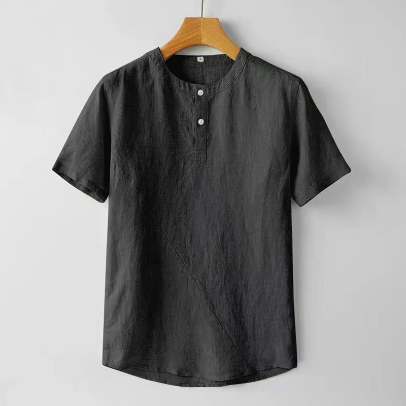 Buddha Stones Camisa de lino y algodón de manga corta con botones de color sólido para hombre de verano - Negro - US/UK/AU48, UE58 (4XL) - image 7