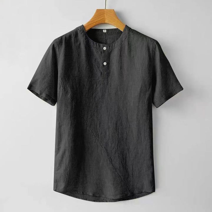 Buddha Stones Camisa de lino y algodón de manga corta con botones de color sólido para hombre de verano - Negro - US/UK/AU48, UE58 (4XL) - image 7