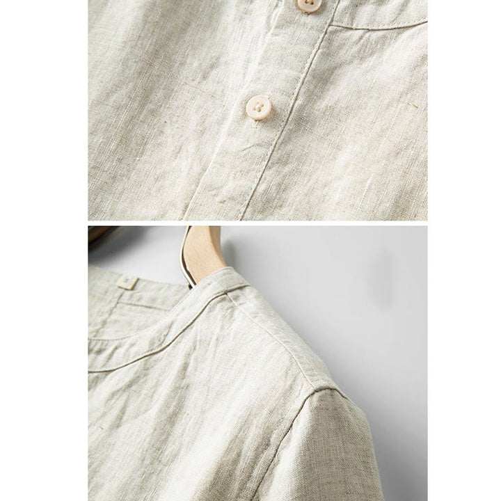 Buddha Stones Camisa de lino y algodón de manga corta con botones de color sólido para hombre de verano - image 2