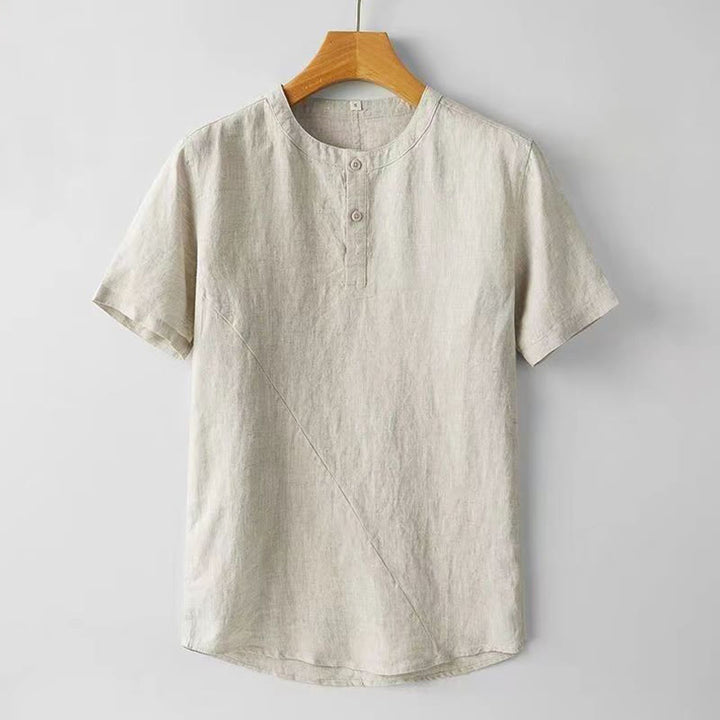 Buddha Stones Camisa de lino y algodón de manga corta con botones de color sólido para hombre de verano - Lino - US/UK/AU48, UE58 (4XL) - image 0