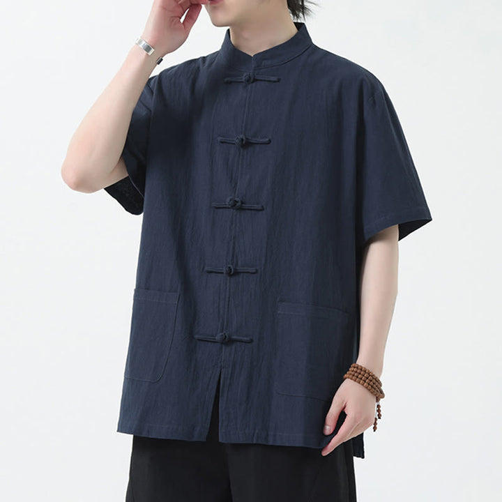 Buddha Stones Botón de Rana Traje Chino Camisa de Manga Corta Ropa de Lino para Hombres con Bolsillos - Azul acero - US/UK/AU46, EU56 (5XL) - image 11