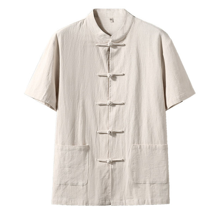 Buddha Stones Botón de Rana Traje Chino Camisa de Manga Corta Ropa de Lino para Hombres con Bolsillos - Lino - US/UK/AU44, UE54 (5XL) - image 6