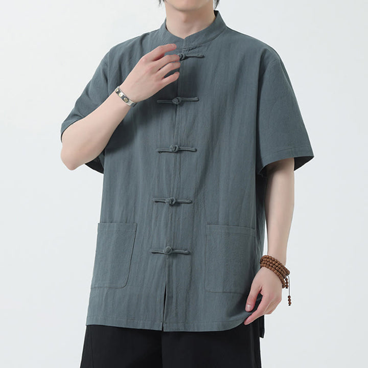 Buddha Stones Botón de Rana Traje Chino Camisa de Manga Corta Ropa de Lino para Hombres con Bolsillos - Gris pizarra claro - US/UK/AU46, EU56 (5XL) - image 8