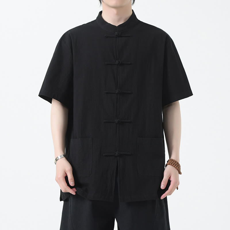 Buddha Stones Botón de Rana Traje Chino Camisa de Manga Corta Ropa de Lino para Hombres con Bolsillos - Negro - US/UK/AU46, EU56 (5XL) - image 3