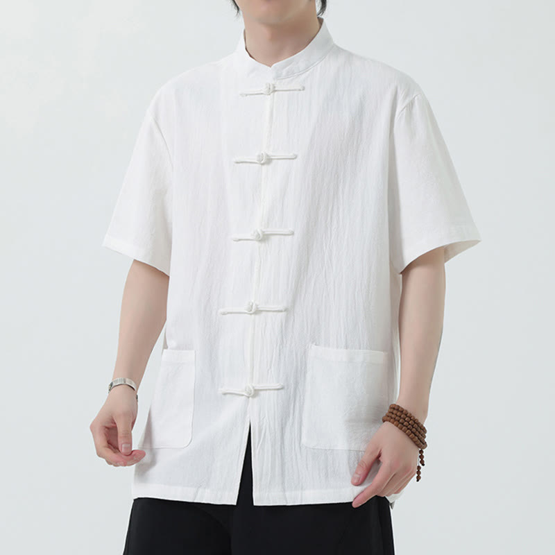 Buddha Stones Botón de Rana Traje Chino Camisa de Manga Corta Ropa de Lino para Hombres con Bolsillos - Blanco - US/UK/AU46, EU56 (5XL) - image 0