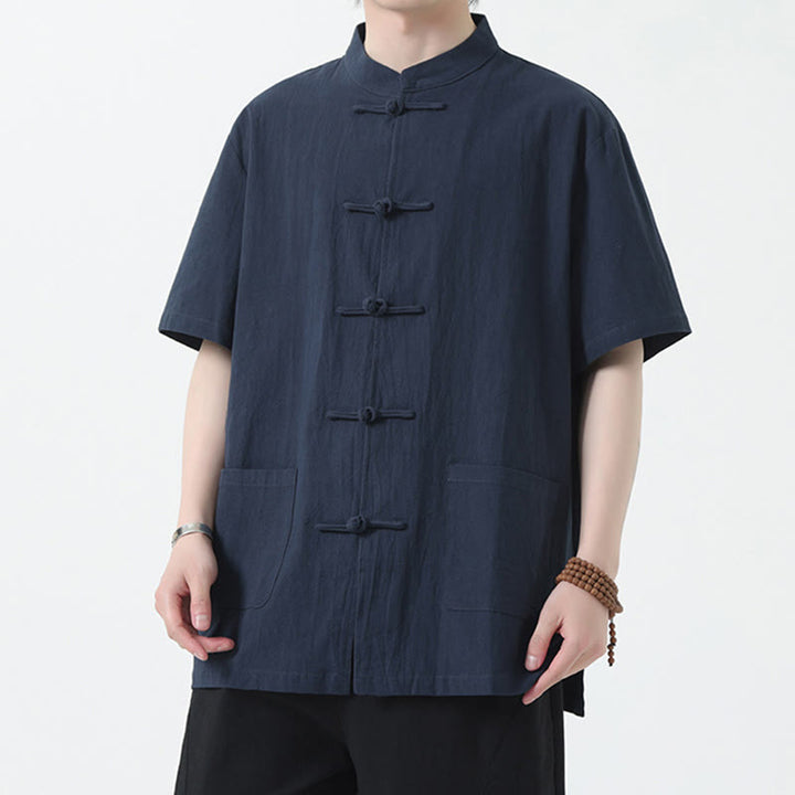 Buddha Stones Botón de Rana Traje Chino Camisa de Manga Corta Ropa de Lino para Hombres con Bolsillos - image 12