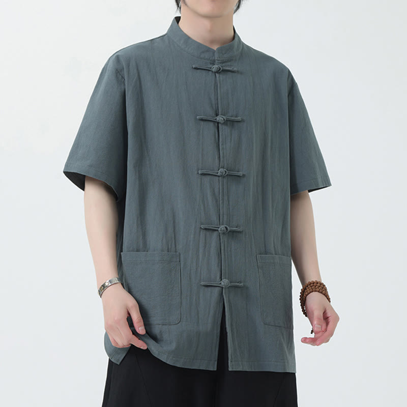 Buddha Stones Botón de Rana Traje Chino Camisa de Manga Corta Ropa de Lino para Hombres con Bolsillos - image 9