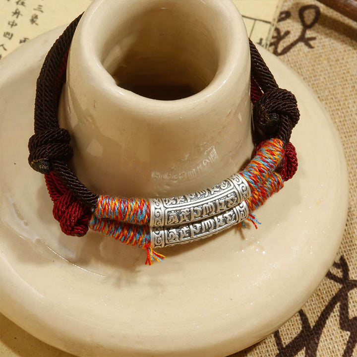 Pulsera de cuerda de protección Om Mani Padme Hum de plata de ley 999 hecha a mano con Buddha Stones