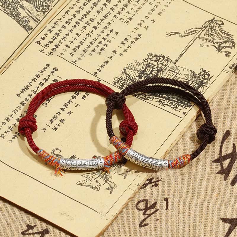 Pulsera de cuerda de protección Om Mani Padme Hum de plata de ley 999 hecha a mano con Buddha Stones