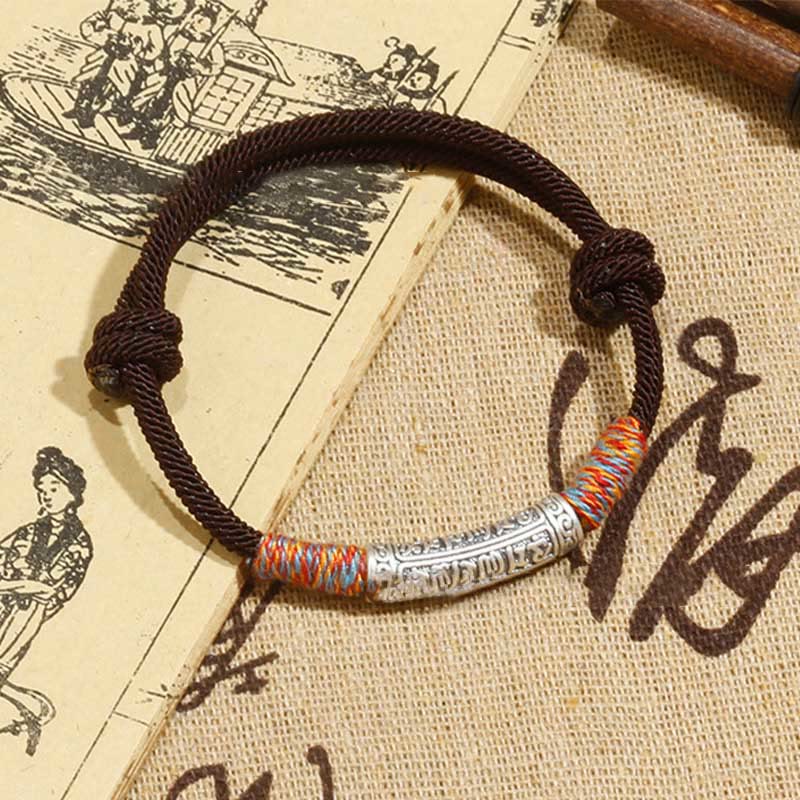 Pulsera de cuerda de protección Om Mani Padme Hum de plata de ley 999 hecha a mano con Buddha Stones