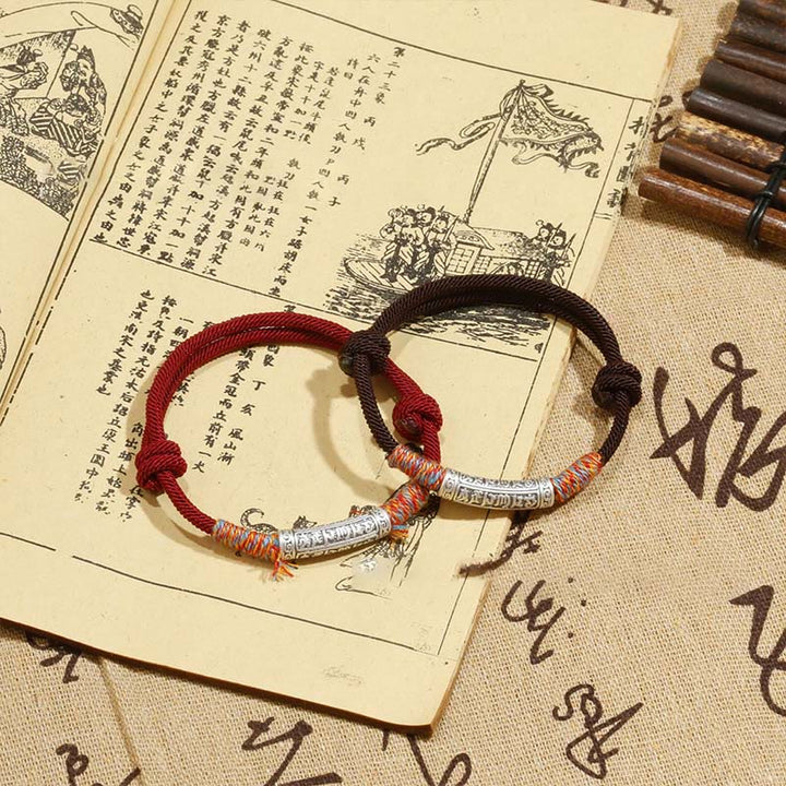 Pulsera de cuerda de protección Om Mani Padme Hum de plata de ley 999 hecha a mano con Buddha Stones