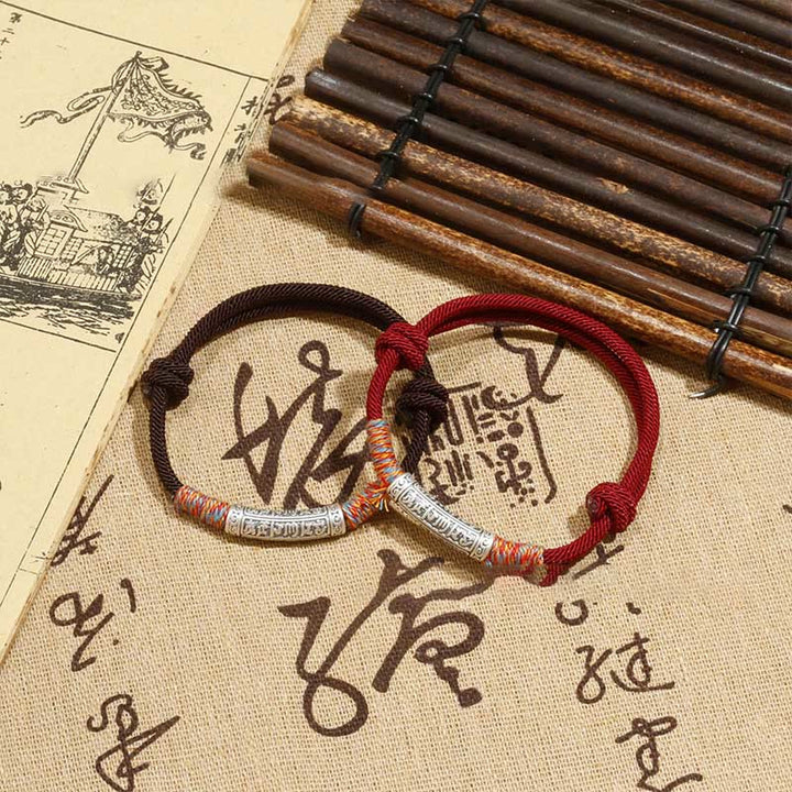 Pulsera de cuerda de protección Om Mani Padme Hum de plata de ley 999 hecha a mano con Buddha Stones