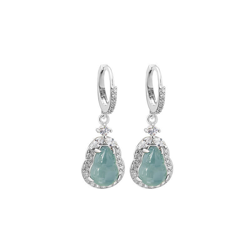Pendientes colgantes de abundancia de calabaza de jade verde de plata de ley 925 con Buddha Stones