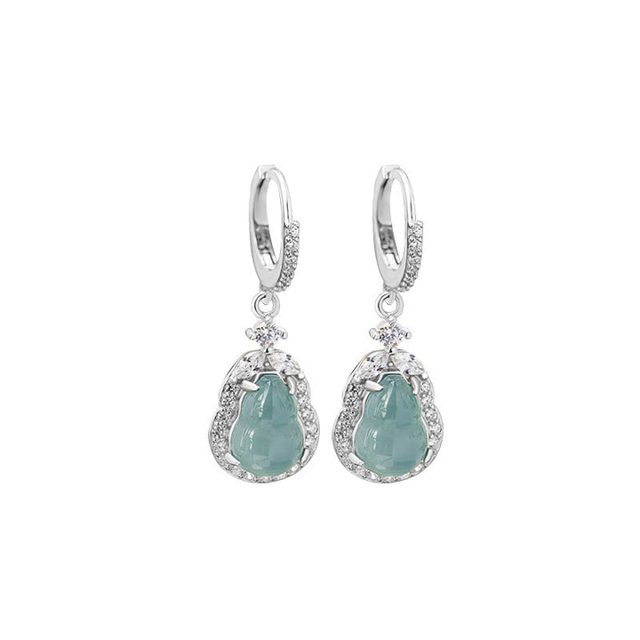 Pendientes colgantes de abundancia de calabaza de jade verde de plata de ley 925 con Buddha Stones