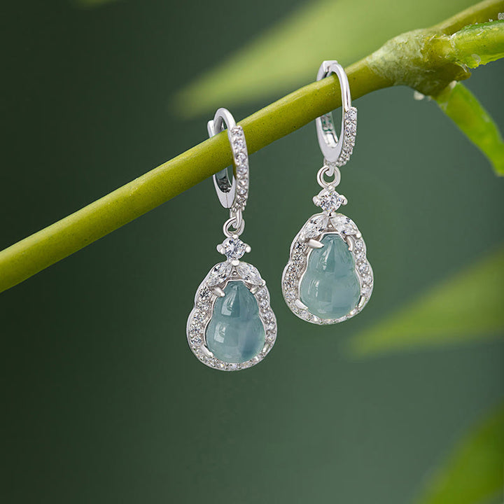 Pendientes colgantes de abundancia de calabaza de jade verde de plata de ley 925 con Buddha Stones